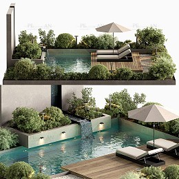 مدل سه بعدی استخر و فضای اطراف و آبنما