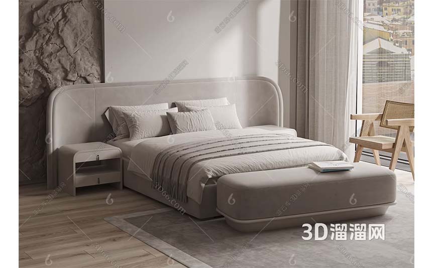 مدل سه‌بعدی تخت دونفره سفید مدرن و صندلی راحتی